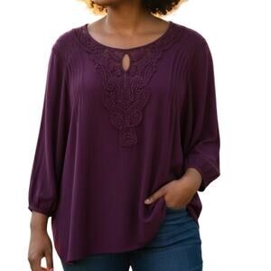 Daniel Rainn Peasant Top Womens Size 1X Plum Knit Chiffon Yoke Crochet Lace Boho